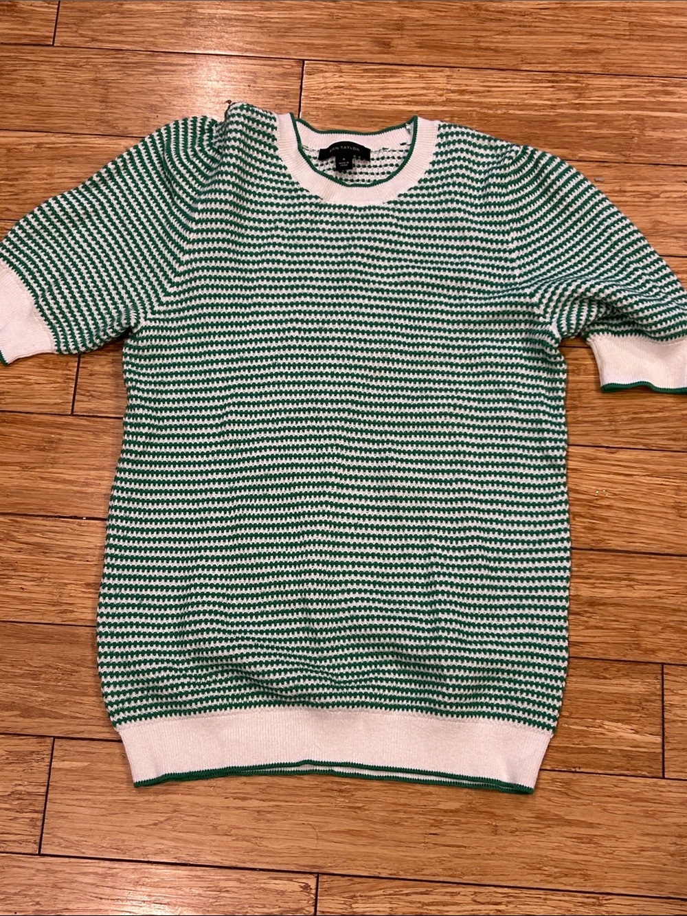 Ann Taylor Green & White Striped Puff-Sleeve Crewneck Preppy Summer Sweater M - Picture 2 of 5